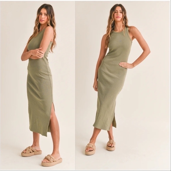 Starlow Womens Ribbed Bodycon Racerback Midi Dress in Green - Picture 1 of 5